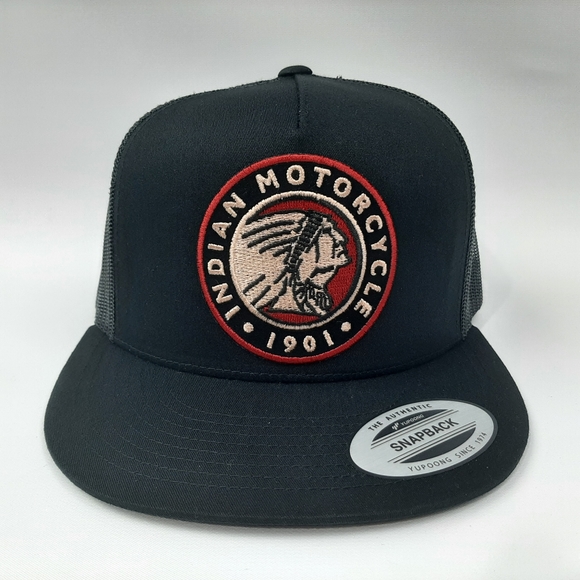 Indian Motorcycles Patch Flat Bill Trucker Mesh Snapback Cap Hat Black - Picture 2 of 4